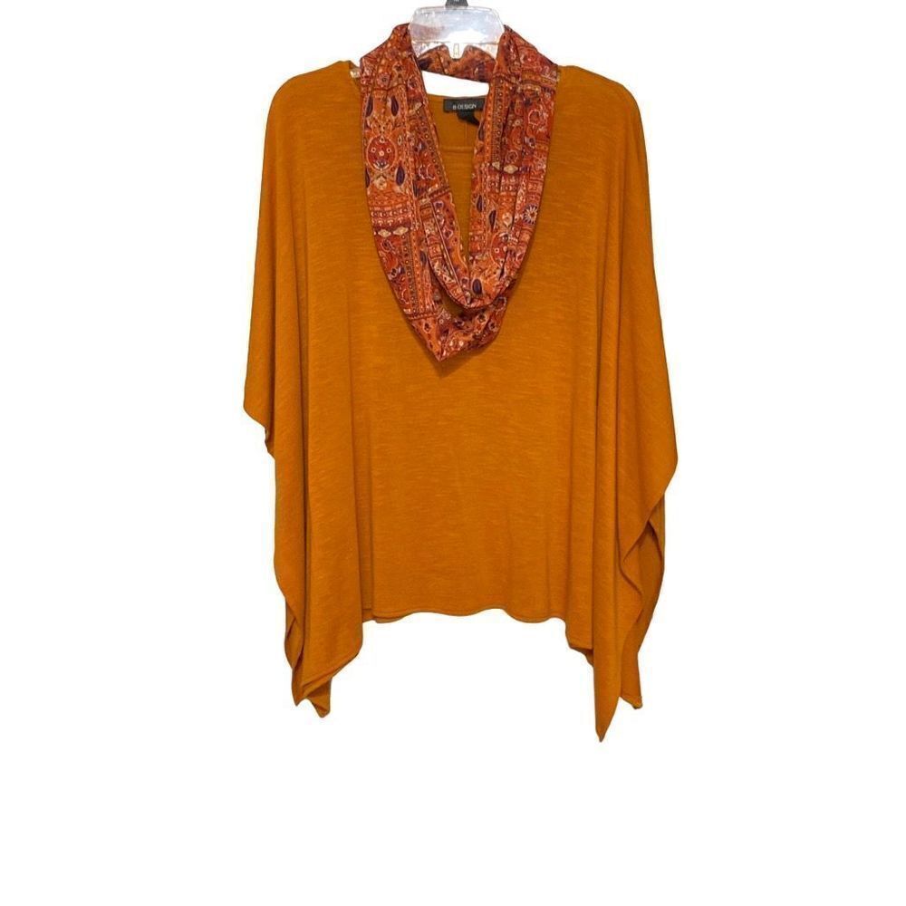 B -Design Poncho Knit Top With Detached Infinity Scarf, Size Small, Burnt Orange